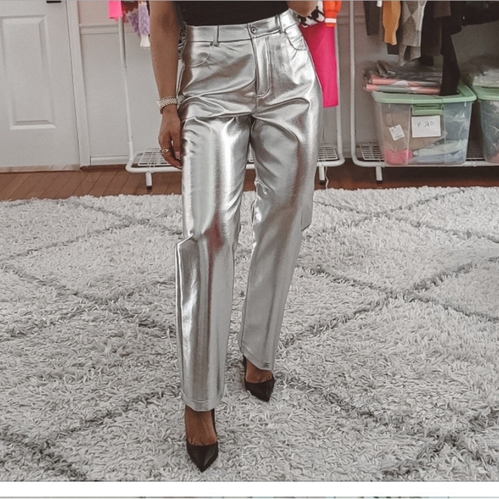 7 for all mankind silver metallic high rise straight leg pants nwt